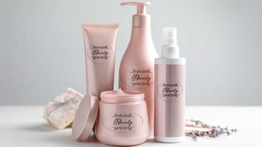 Flaconi per cosmetici e prodotti per il bagno con etichette in poliestere trasparente
