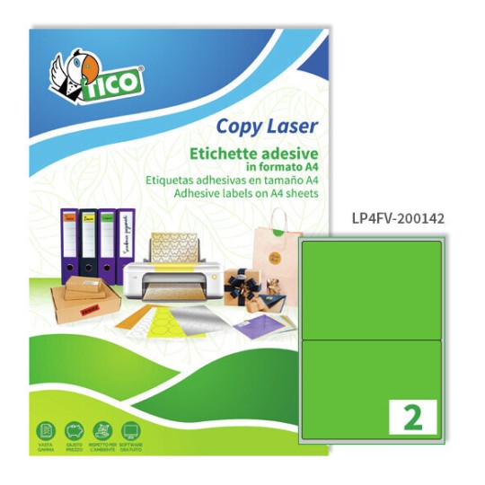 Etichette adesive fluorescenti verdi 200x142mm, 2 etichette per foglio LP4FV-200142 Contenuto: 140 Etichette / 70 Pagina