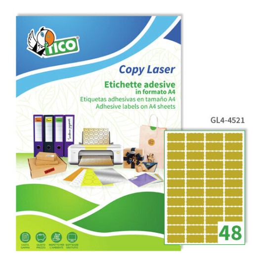 Etichette adesive in carta oro 45x21mm, 48 etichette per foglio GL4-4521 Contenuto: 4.800 Etichette / 100 Pagina